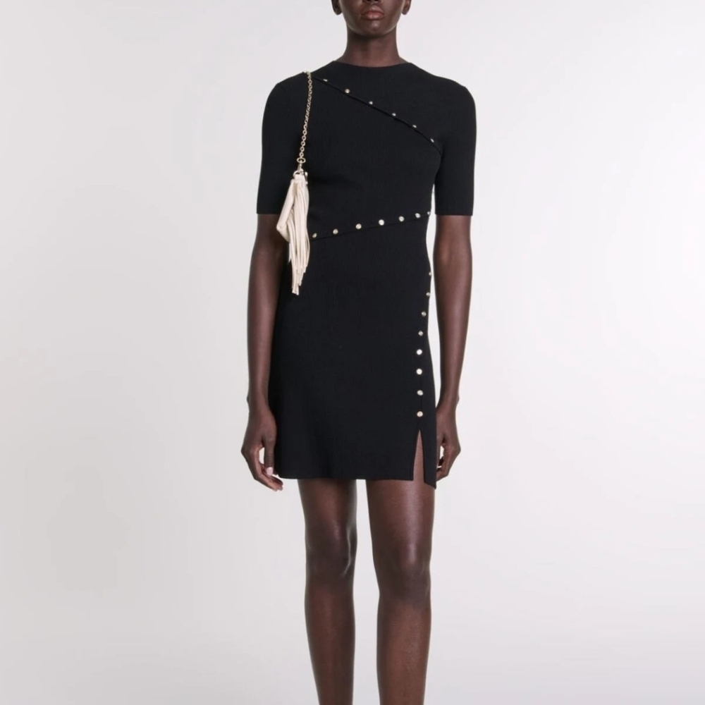 Like New Maje Knit Black Dress with Gold Accents